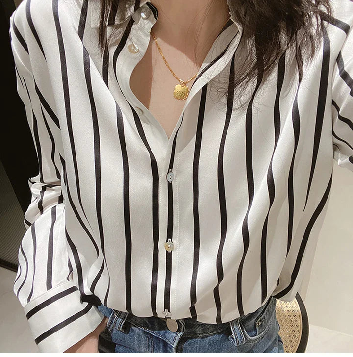 Vintage Striped Satin Women's Blouse Long Sleeve Turn-Down Collar Casual Loose Fit Shirt for Spring and Autumn