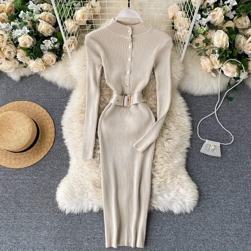 Womens Winter Knitted Dress Stand Collar With Sash Belt