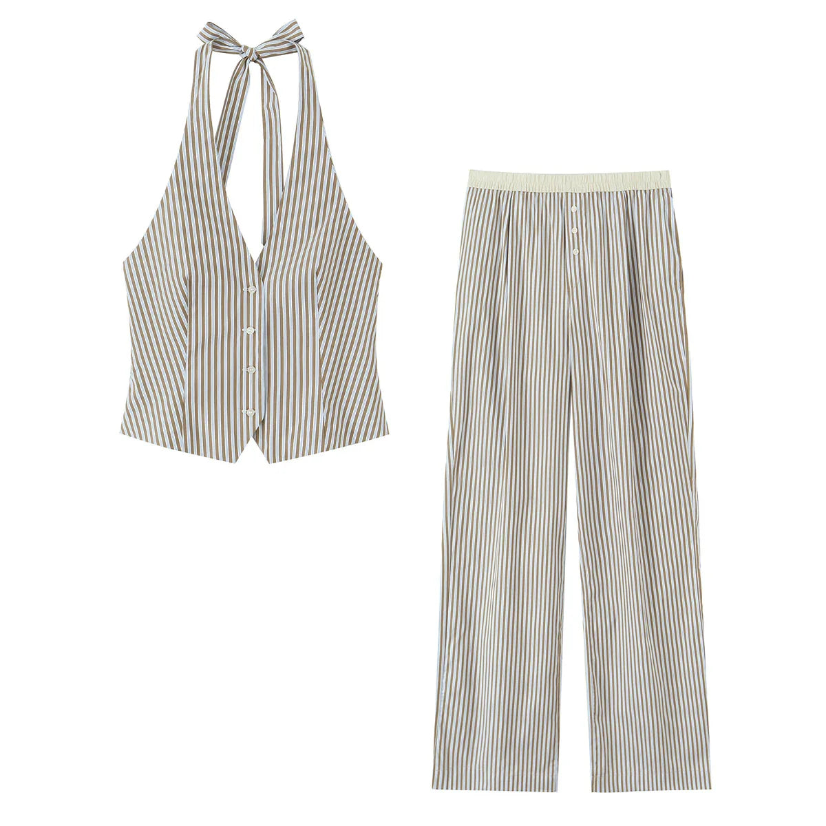 Women Summer Striped Halter Neck Tank Top and Casual Straight Trousers 2 Piece Set