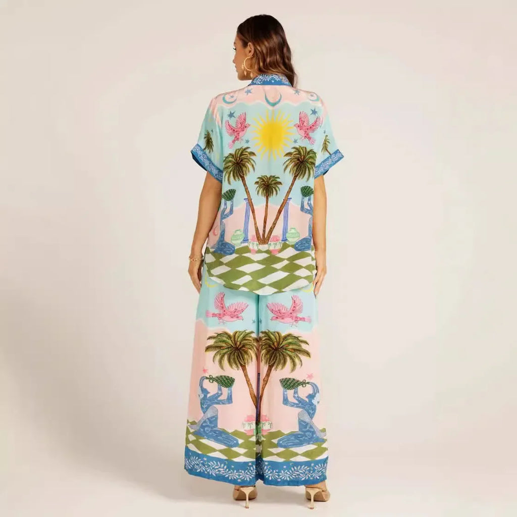 Summer Fashion 2 Piece Set for Women with Printed Half Sleeve Shirt and High Waisted Wide Leg Pants