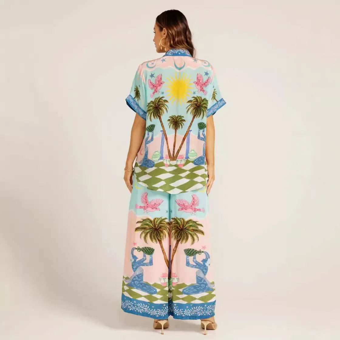 Summer Fashion 2 Piece Set for Women with Printed Half Sleeve Shirt and High Waisted Wide Leg Pants