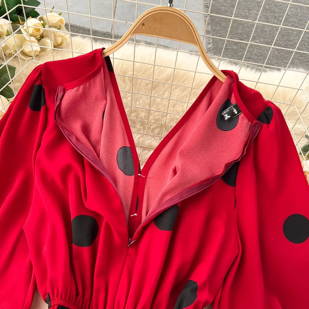 Women Wide Leg Polka Dot Jumpsuit with V Neck Dolman Sleeves and Slim Waist Design