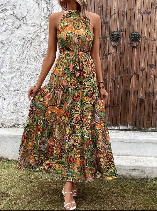 Bohemian Print Maxi Dress Halter Neck Zipper Closure