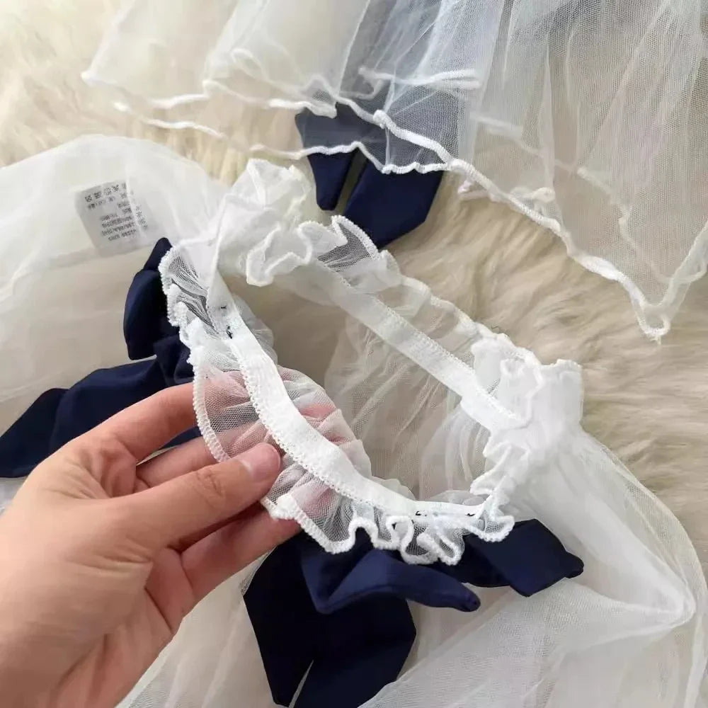 Women Sexy Sheer Transparent Sailor Suit Set Short Sleeve Top With Bow Mini Skirt Sweet Kawaii Cosplay Uniform Pajama