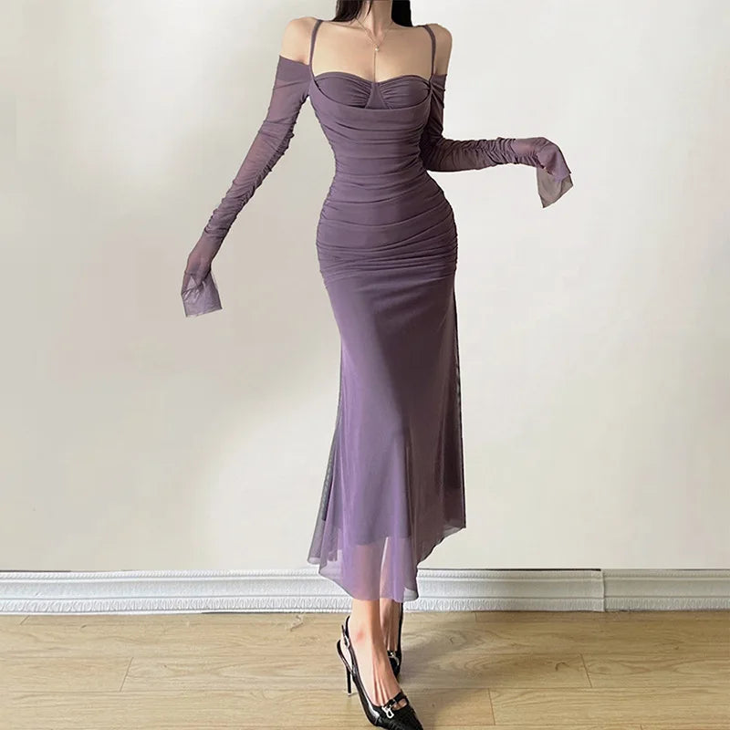 Elegant Long Sleeve Party Dress For Women Solid Color