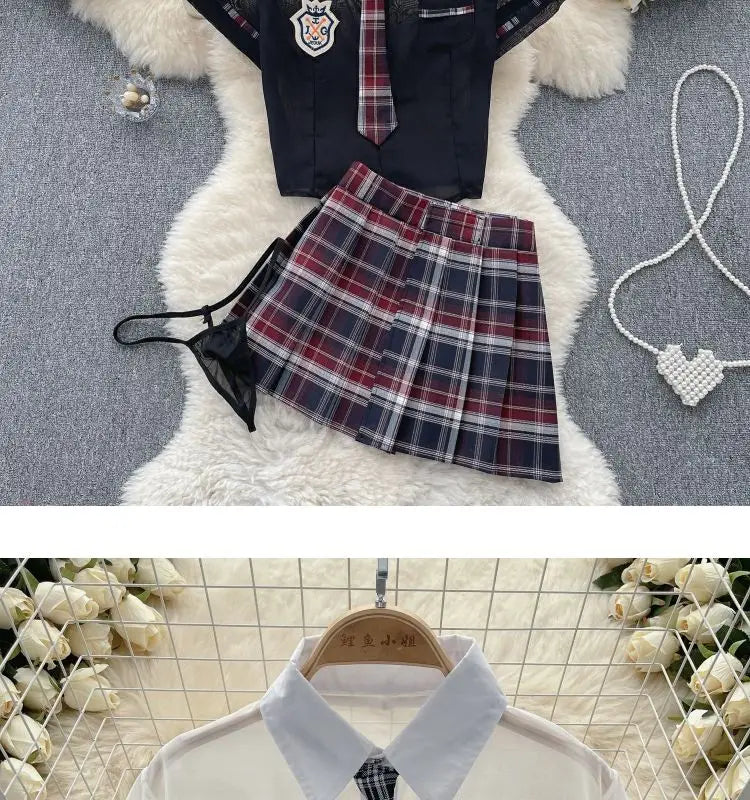 Sexy Preppy Style JK Set for Women Polo Neck See-Through Crop Top Plaid Pleated Short Skirt Student Cosplay Outfit