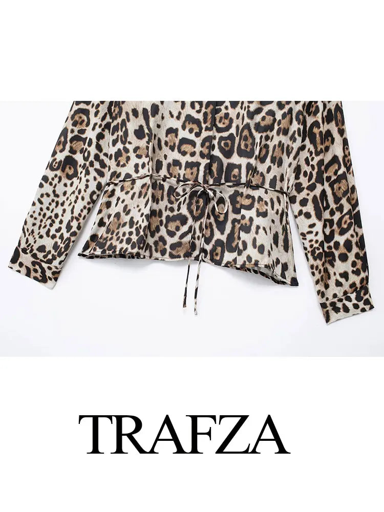 Chic Animal Print Button-Up Shirt and High Waist Zip Pants Set for Women