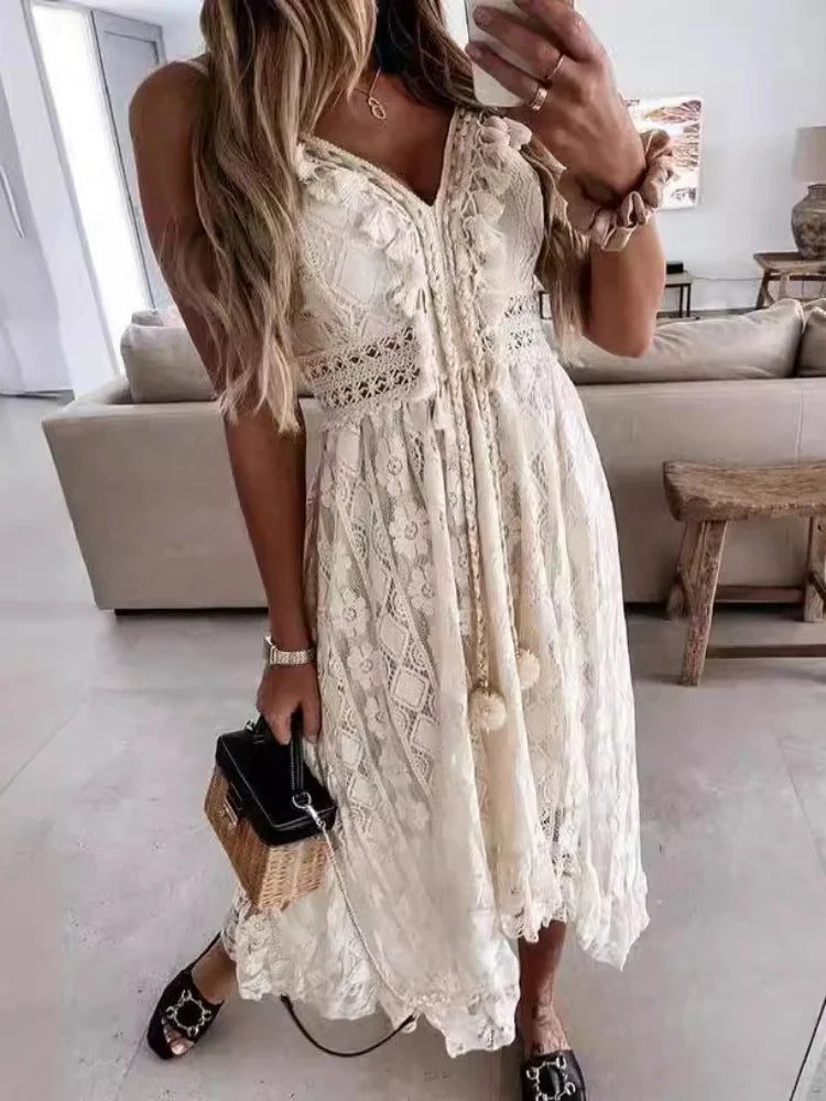 Boho Lace Maxi Dress For Women Sleeveless V Neck Sundress