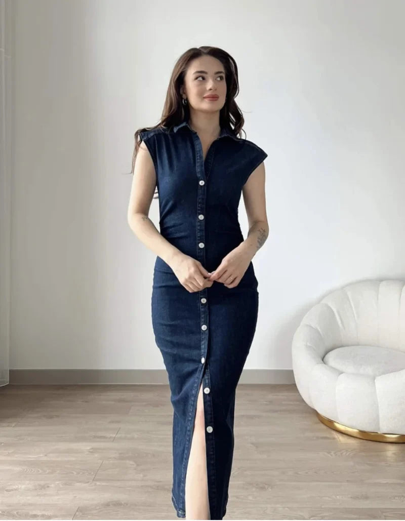 Fitted Denim Midi Shirt Dress With V Neck Long Sleeve
