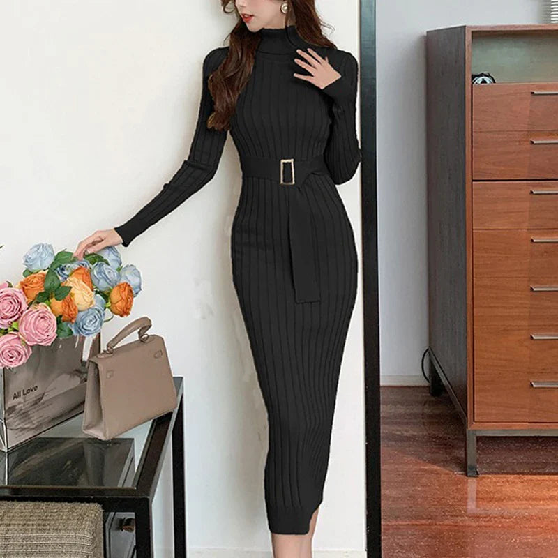 Rib Knit Bodycon Dress Belted Turtleneck Sweater Winter