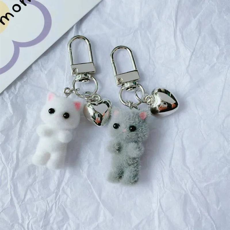 Cute Flocking Cat Keychain 3D Love Pendant Headphone Charm Bag Decor Jewelry Gift