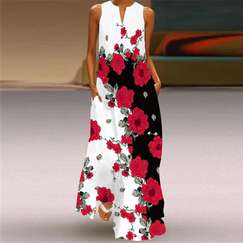 Sleeveless V Neck Printed Maxi Dress For Summer Beachwear