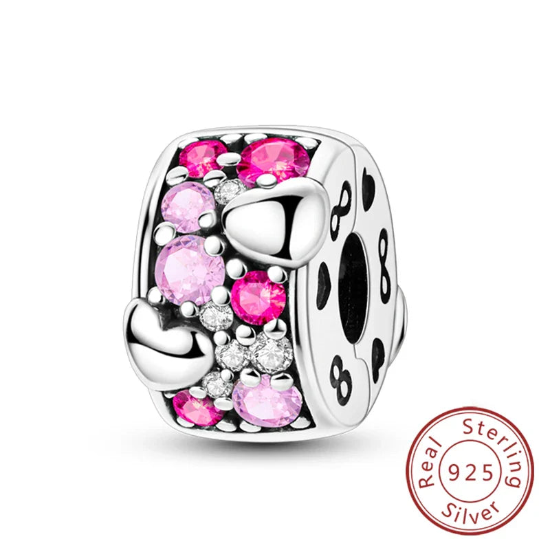 Fit Original 925 Sterling Silver Clip Charms with Zircon and Silicone Spacer Beads for Women DIY Bracelet Gift