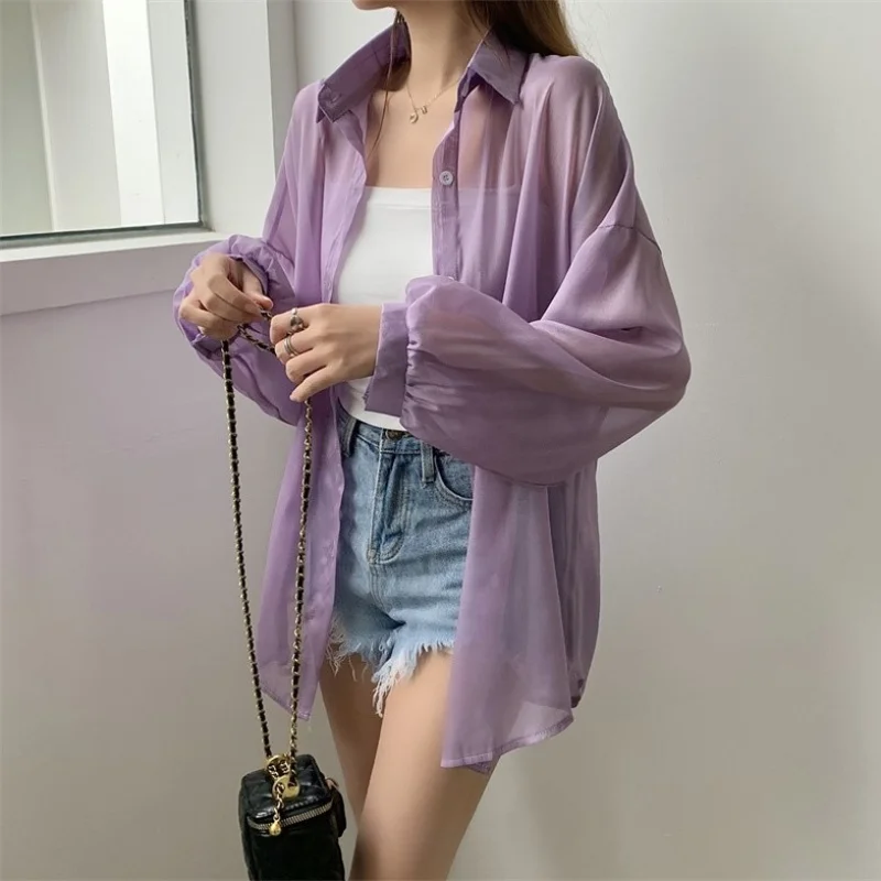 Women's Chiffon Long Sleeve Blouse Loose Fit Thin Cardigan Casual Solid Color Top