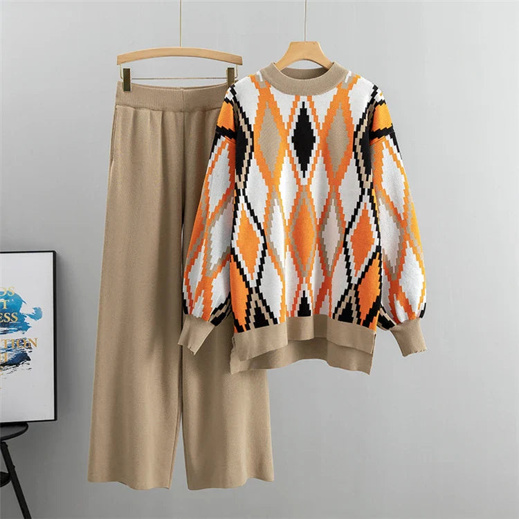 Loose Knitted Two Piece Women Casual Loungewear Sweater and Pants Set Winter Tracksuit