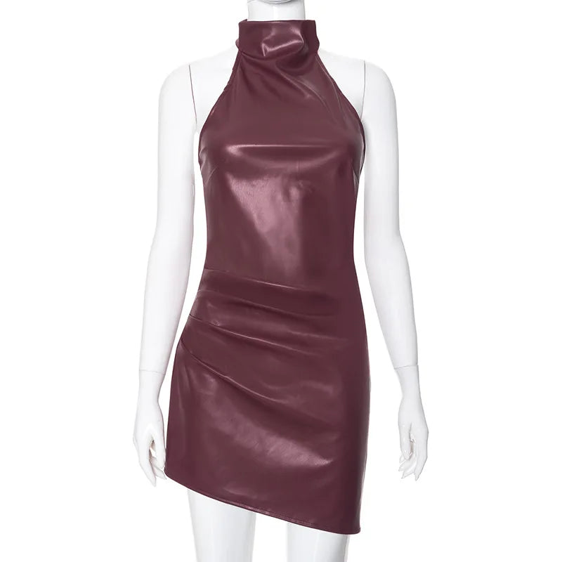 Women's PU Leather Halter Neck Back Dress Slim Fit Spring