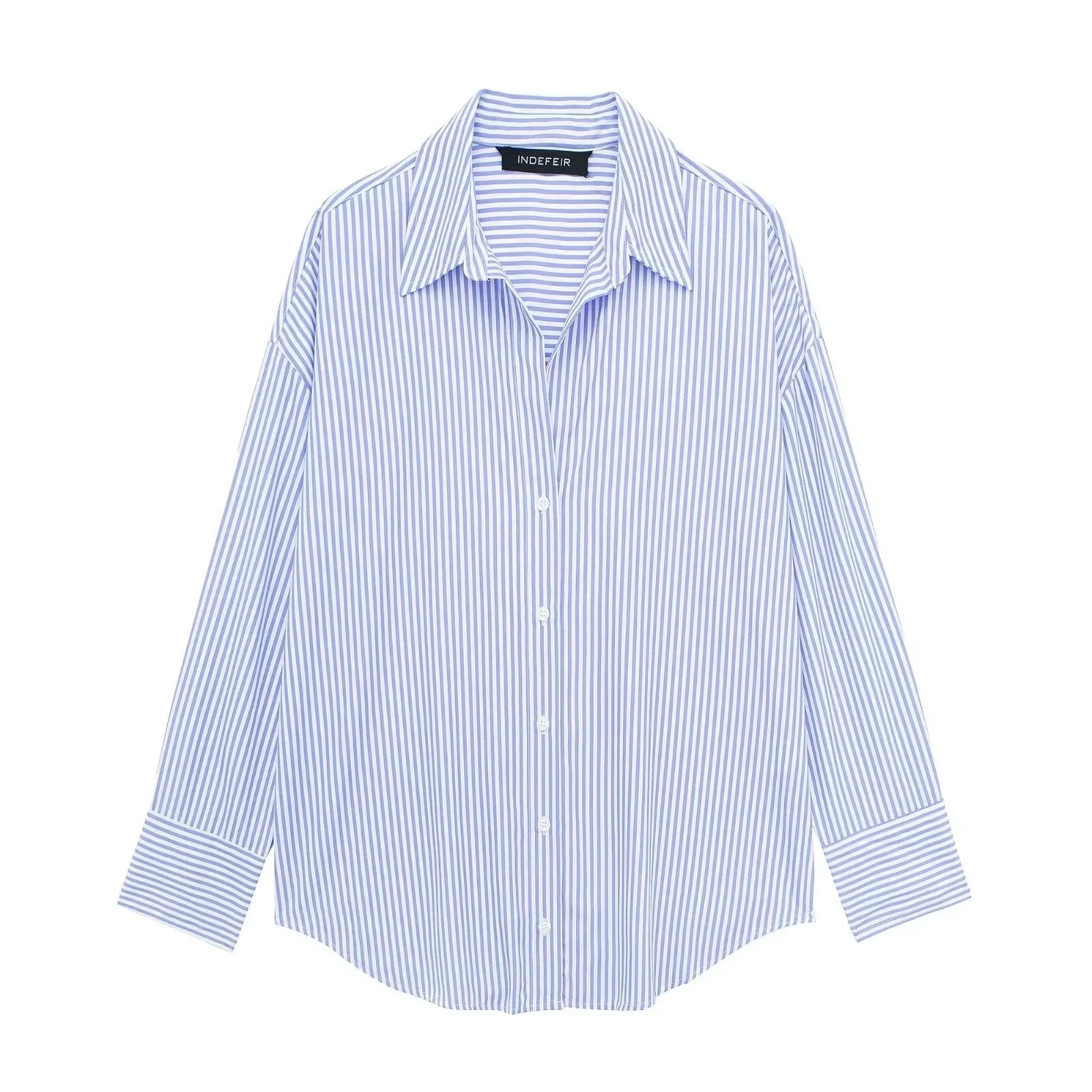 Women's Casual Striped Single Breasted Long Sleeve Lapel Blouse Elegant Solid Color Office Shirt Chic Top