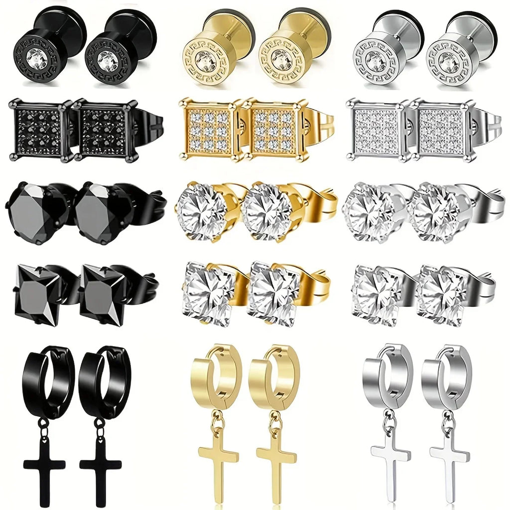 15 Pairs Stainless Steel Cross Dangle Earrings and Cubic Zirconia Stud Earrings for Men
