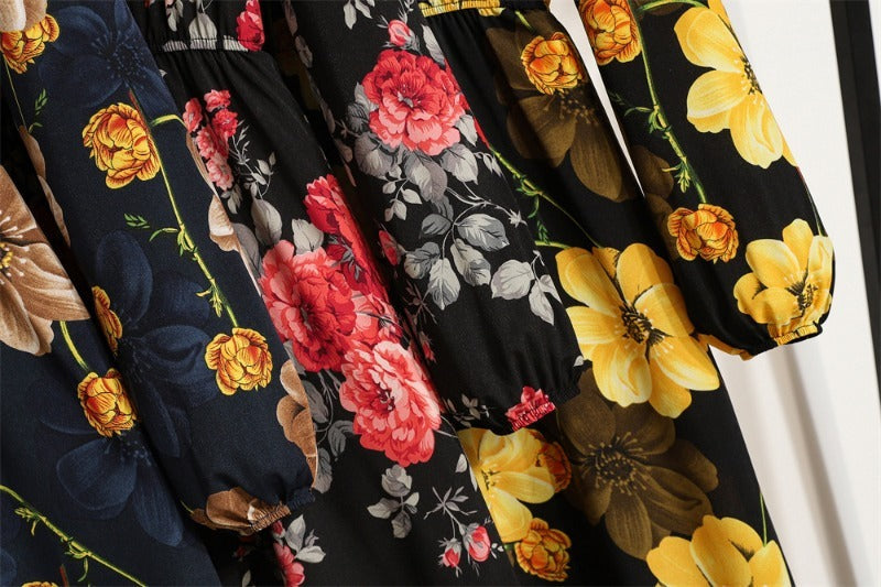 Bohemian Floral Maxi Dress High Waist Chiffon Long Sleeves