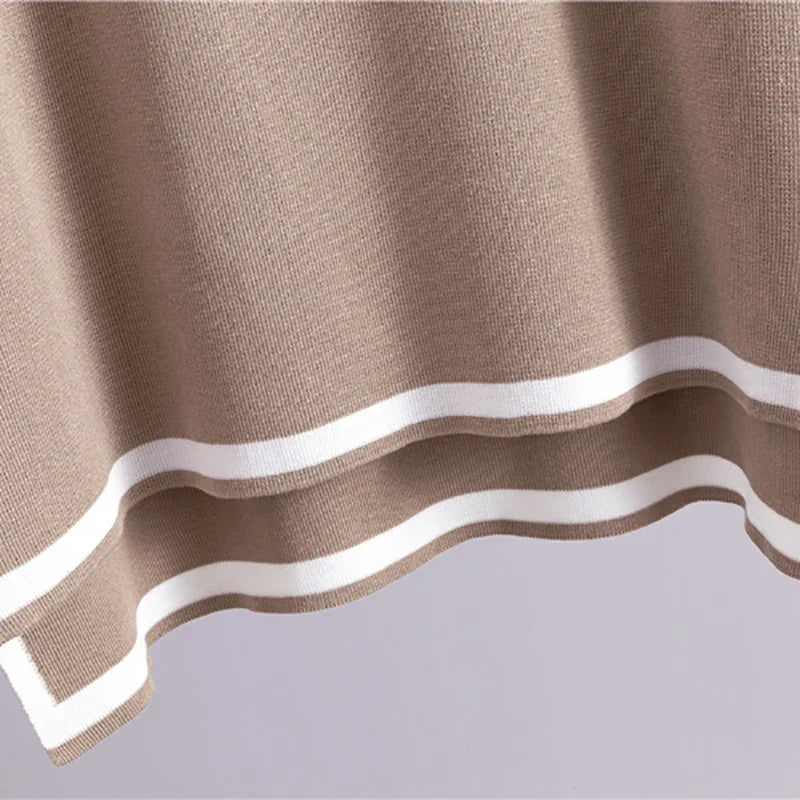 Spring Women Knitted Sweater Set Casual Pullover and Pant Outfit with Color Contrast Block Design