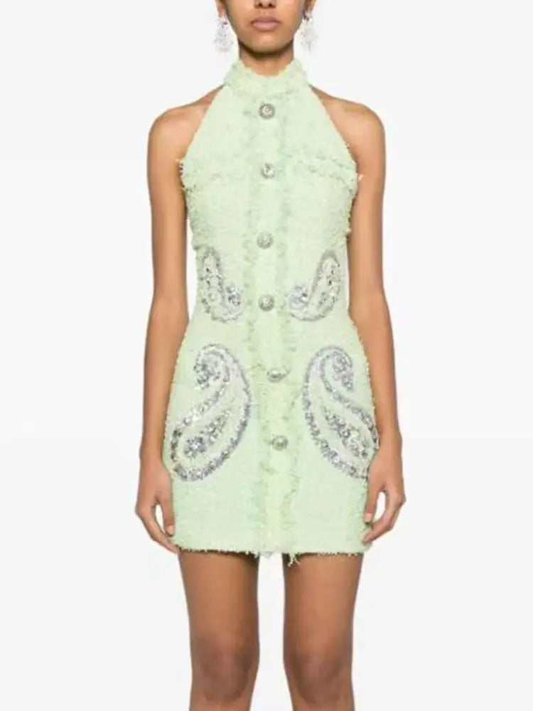 Rhinestone Sequin Halter Backless Party Sexy Mini Dress