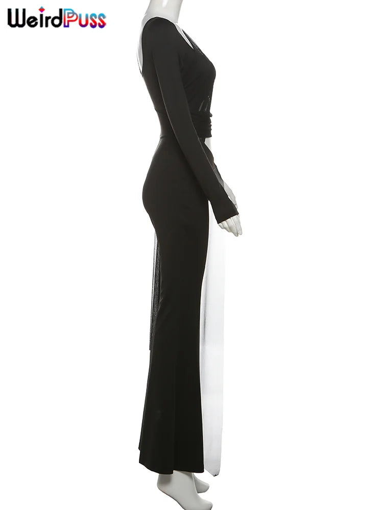 Sexy Hollow Mesh Jumpsuit for Women with Cross Bandage Ribbon, Single Shoulder Design, Full Sleeve Stretch Fit, Midnight Clubwear Overalls