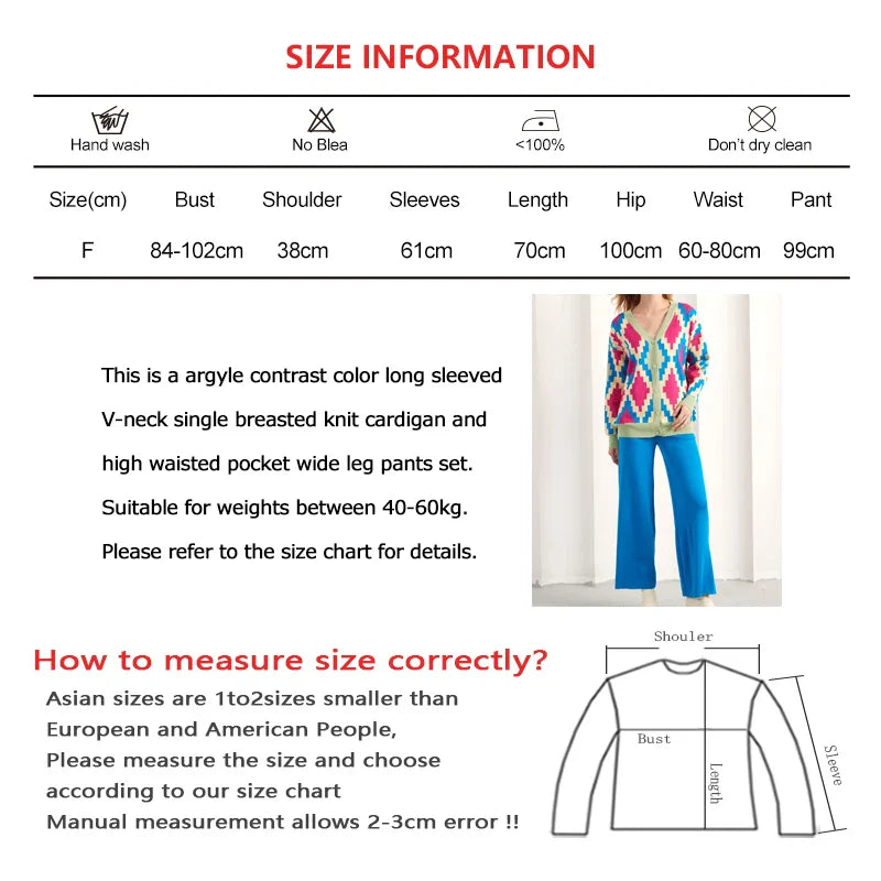 Women Casual V-neck Argyle Knit Cardigan and High Waist Wide Leg Pants Set