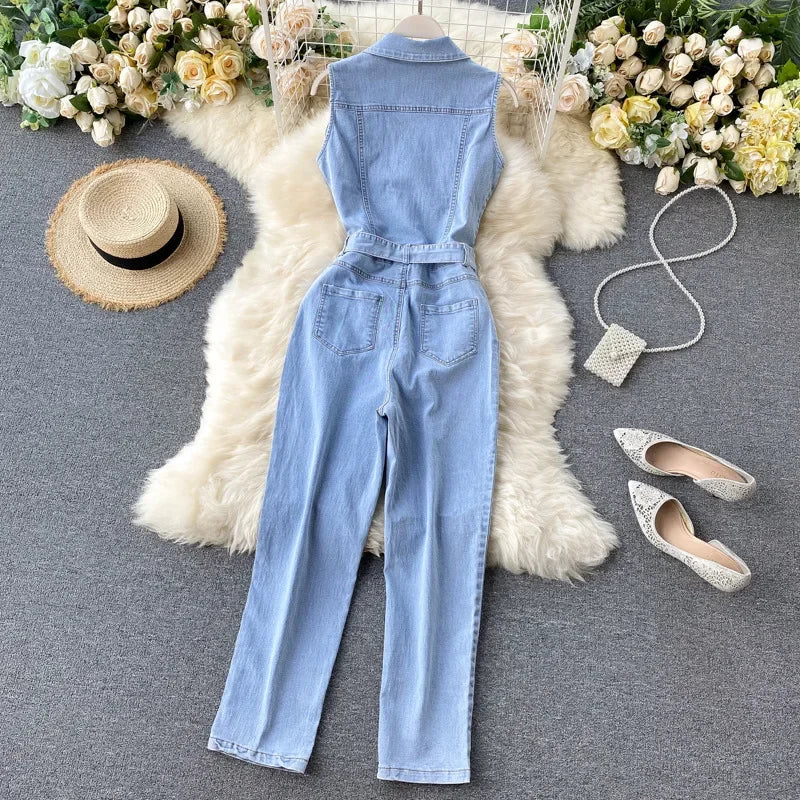 Sleeveless Denim Jumpsuit with Turn-Down Collar and Single Breasted Pockets Casual Summer Jean Outfit for Women with Stylish Sash Belt