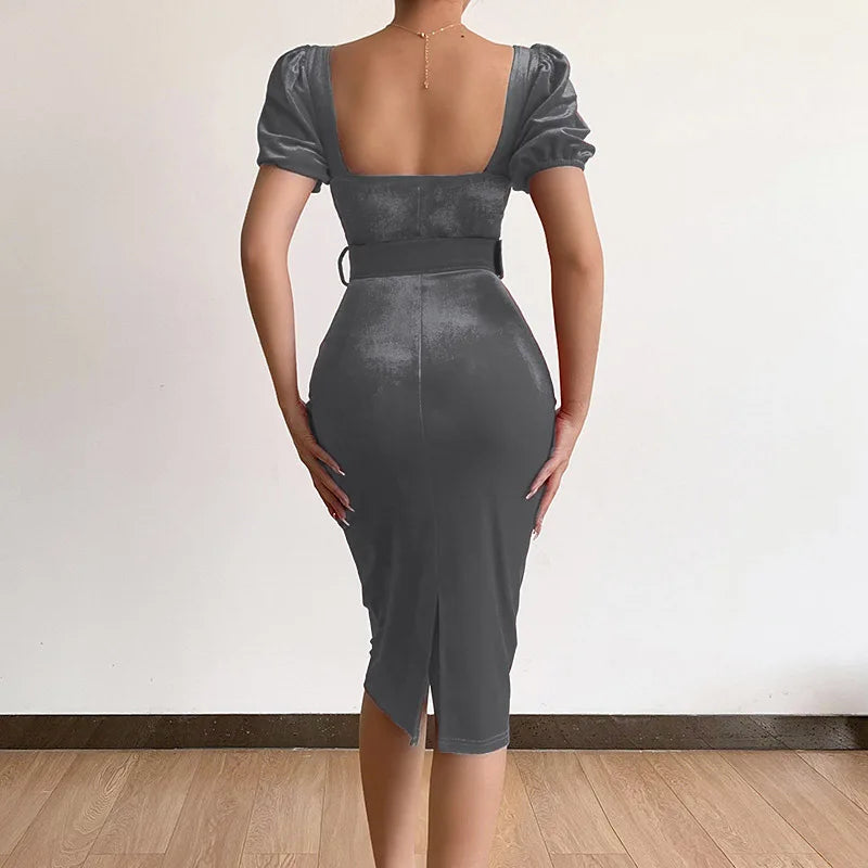 Velvet Wrapped Dress With Low Neck Bubble Sleeves Chic