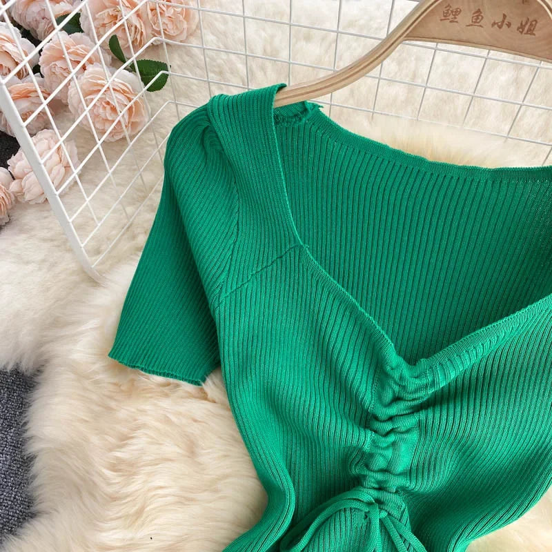 Korean Knit Bodycon Dress V Neck Drawstring Short Sleeves