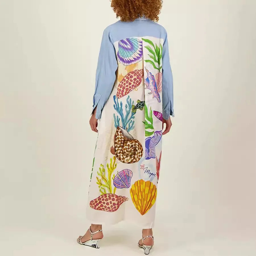 Personality Printed Long Sleeve Single Breasted Shirt with Lapel Collar and Skirt Set for Women