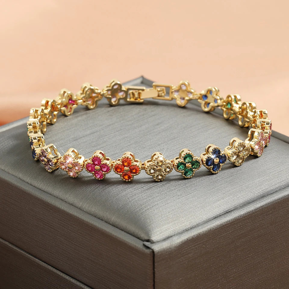 Rainbow Colorful Clover Zircon Bracelet Charming Crystal Jewelry Gift