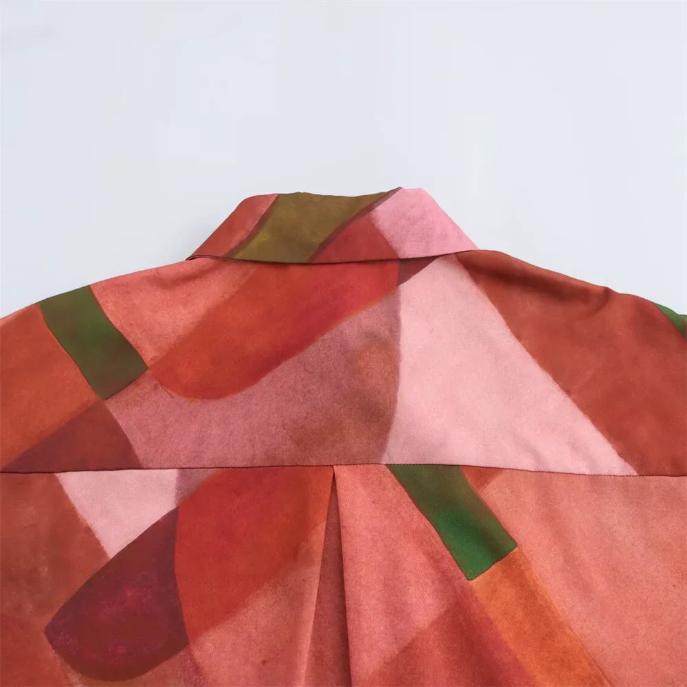 Spring Collar Long Sleeve Single Breasted Women's Casual Shirt with Geometric Print and Silk Texture