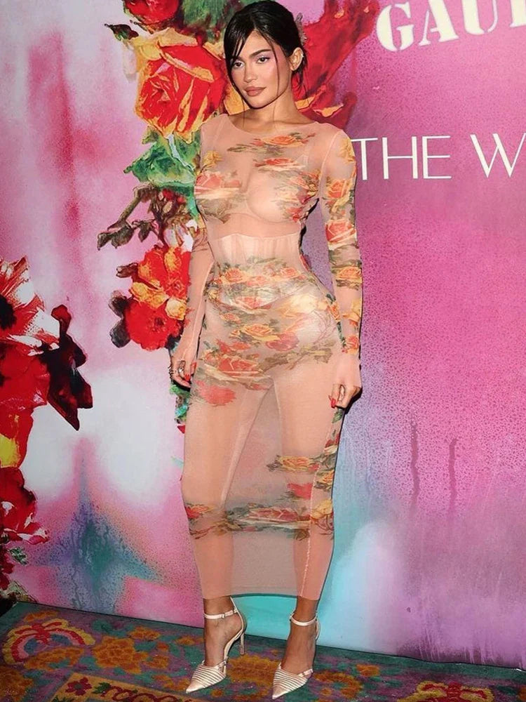 Sheer Mesh Floral Maxi Dress Long Sleeve Beachwear