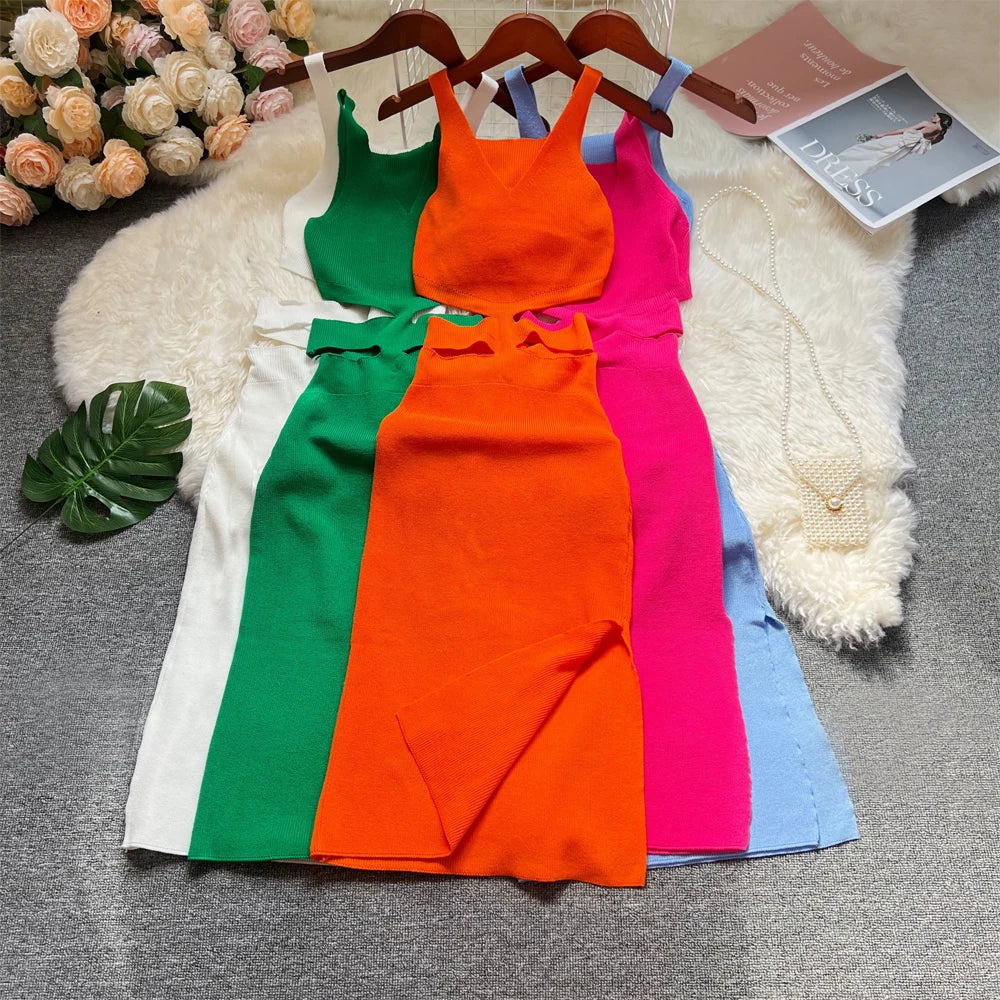 Sexy Hollow Out Waist Knitted Bodycon Summer Dress For Women