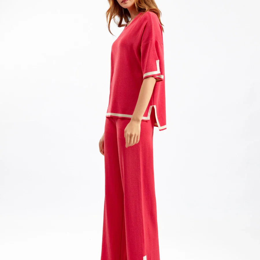 Casual Elegant Women's Two-Piece Autumn Winter Sportswear Set Featuring O-Neck Hoodie Short Sleeve Sweater and Wide Leg Long Pants