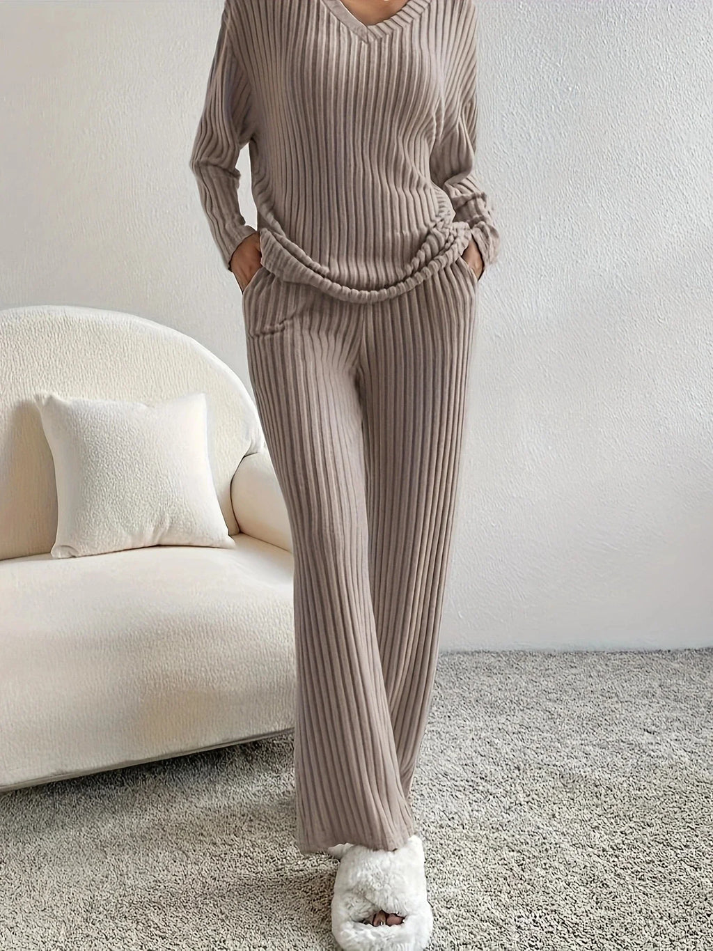 Autumn Winter Loose Casual V Neck Striped Knitted Two-Piece Set with Long Sleeve Top and Straight Tube Pants