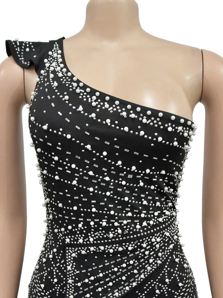 One Shoulder Maxi Dress Crystal Rhinestones And Pearls