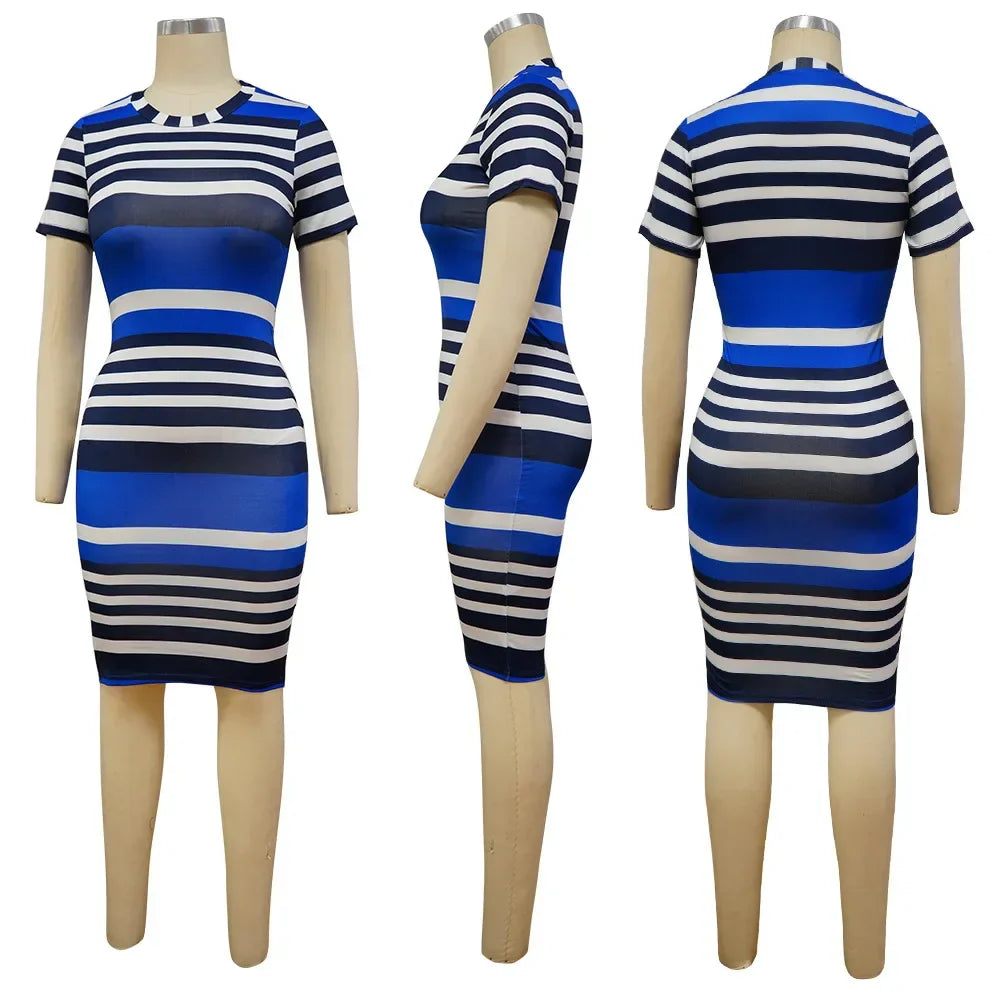 Summer Leaf Striped Print Bodycon Dress Knee Length