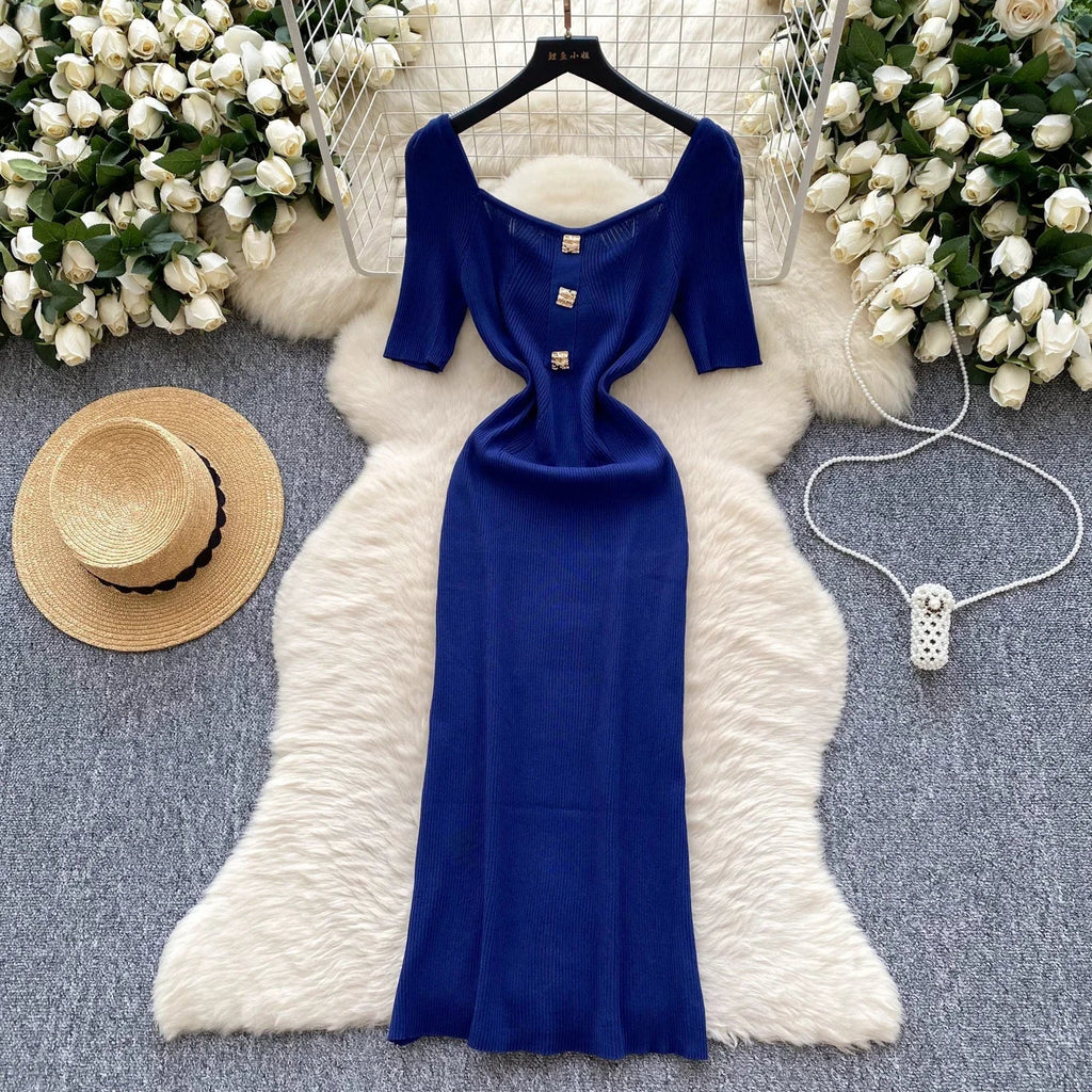 Women Square Collar Knit Dress Short Sleeve Wrap Sheath
