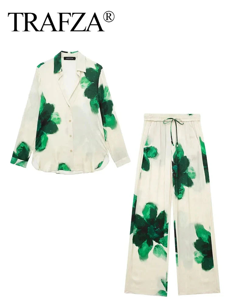 Trendy Summer Suit for Women with Printed Turn-Down Collar Long Sleeve Shirt and Elastic Waist Lace-Up Pants
