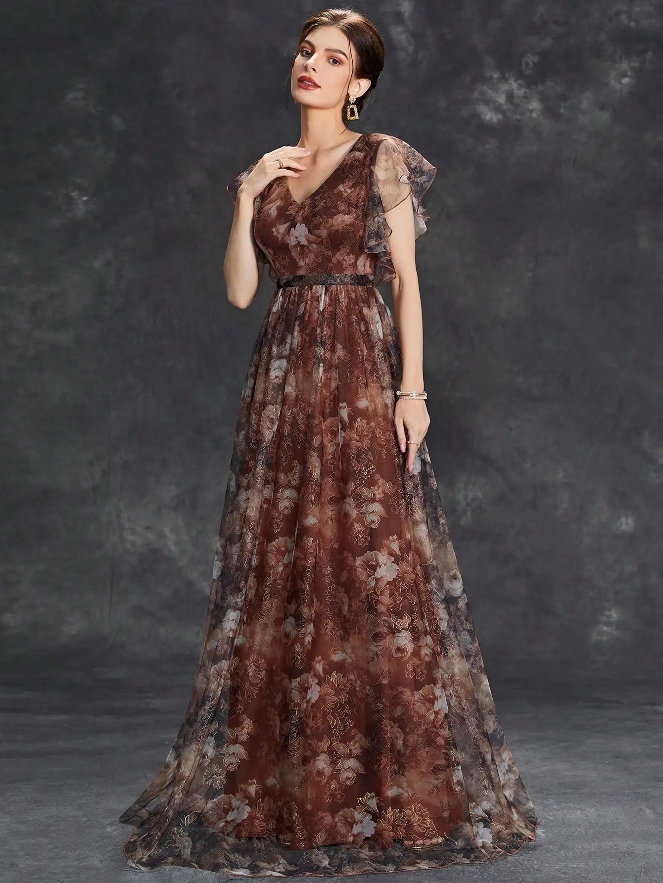 V Neck Lace Patchwork Evening Gown With Ruffled Sleeves