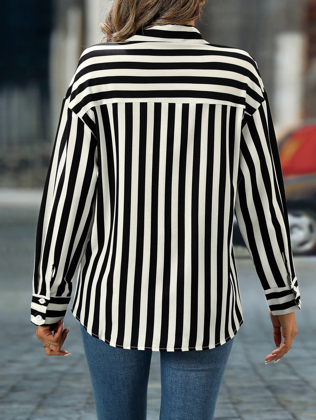 Women's Elegant Black and White Striped Lapel Cardigan with Button Closure
