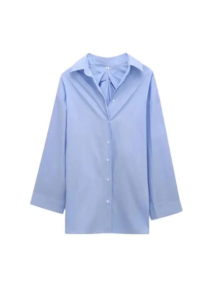 Oversized Pleated Back Long Sleeve Button-Up Shirt for Women Chic Fashion Blouse Top