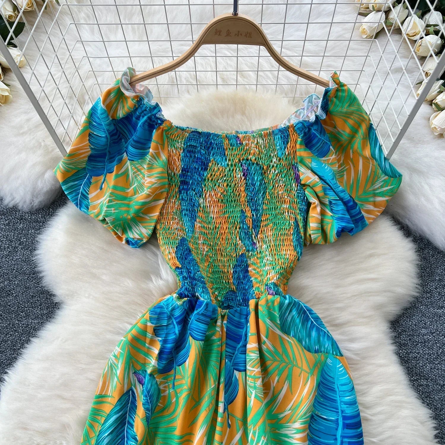 Square Neck Loose Pleated Jumpsuit with Ruffles Backless Design Wide Leg Long Pants Elegant Chic Printed Playsuit for Women