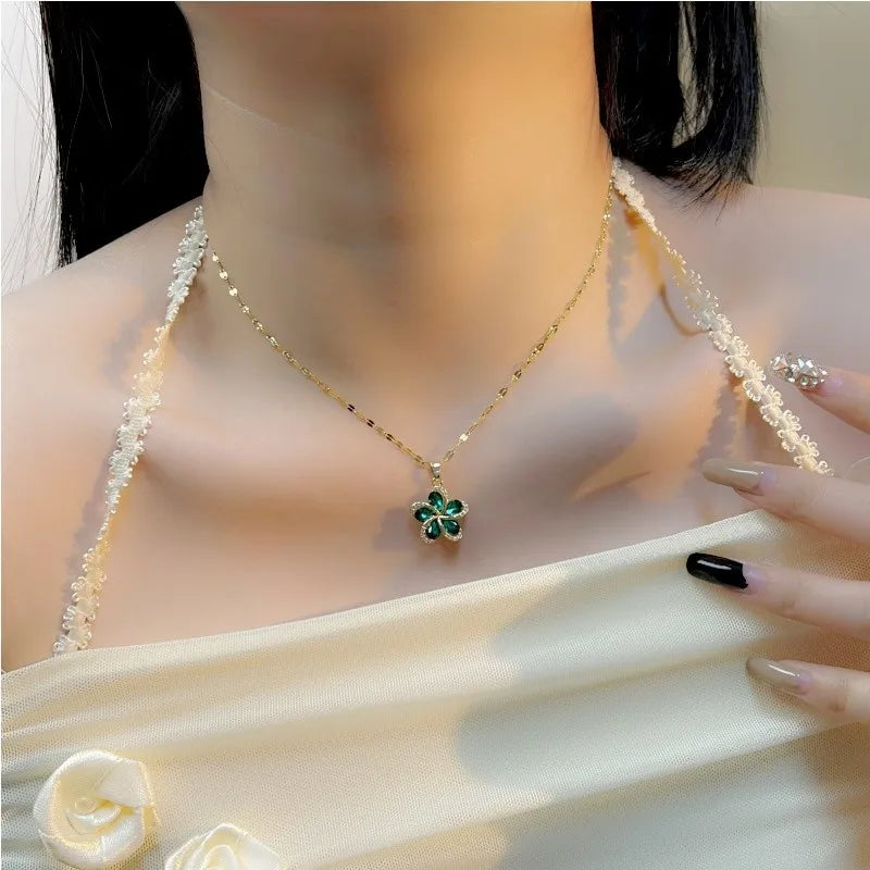 Stainless Steel Green Zircon Flower Pendant Necklace for Women Luxury Birthday Jewelry Gift
