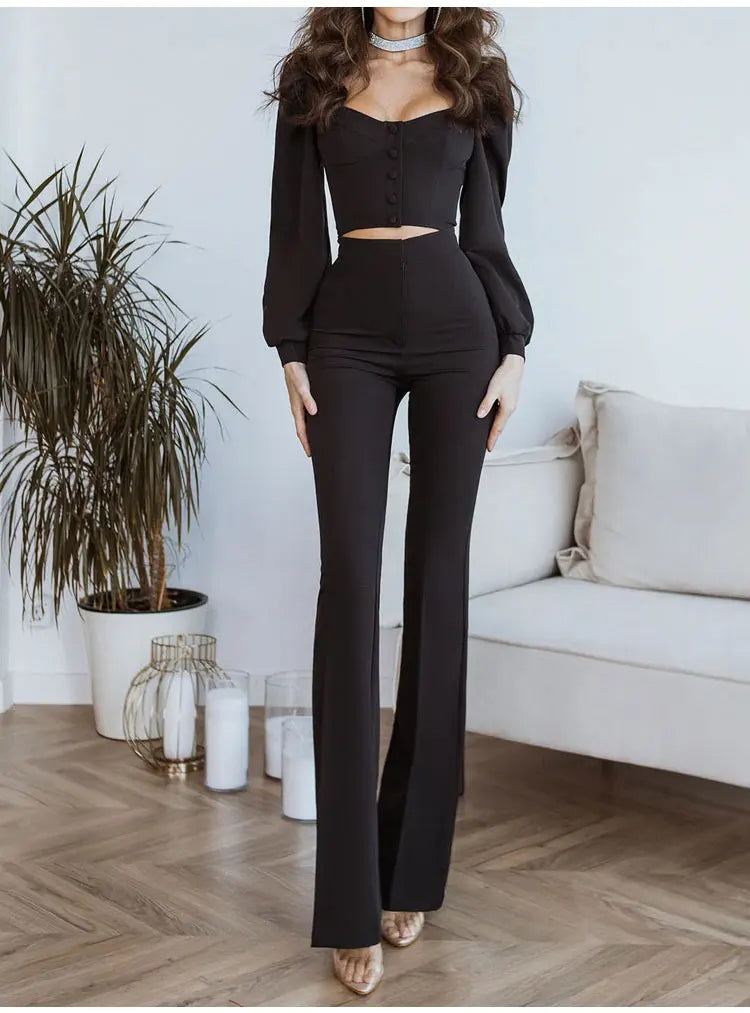 Solid Color Casual Two Piece Set with V-neck Button Lantern Sleeve Top and High Waist Flare Pants for Women