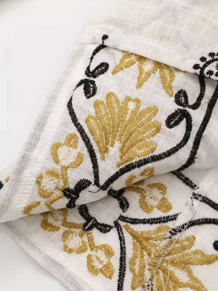 Vintage Women Embroidered Cardigan Coat and Wide Leg Trousers 2 Piece Outfit Set