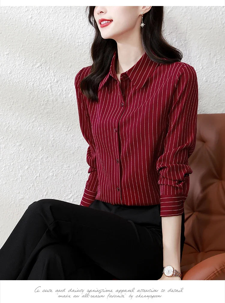 Striped Long Sleeve Women Shirt Button Up Blouse Lightweight Chiffon Tops Elegant Casual Office Wear