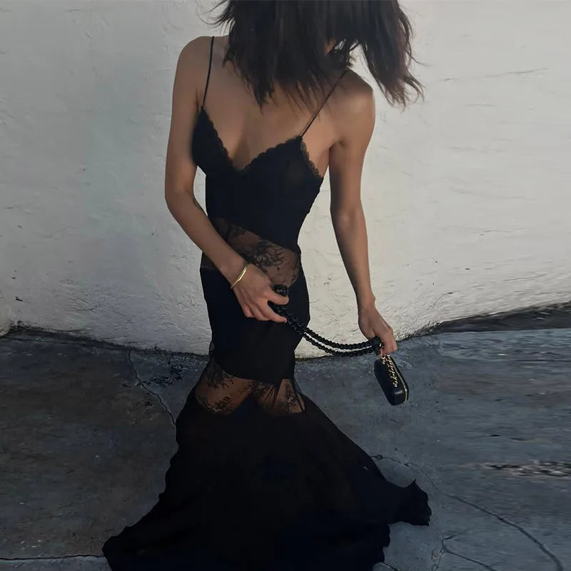 Black Backless Lace Maxi Dress For Women See Through